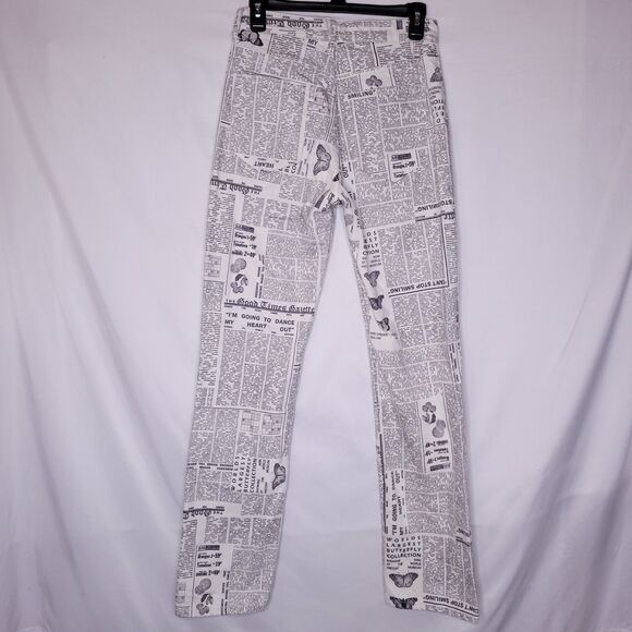 Zara Jeans Womens 4 White Newspaper Print Butterfly Straight Leg Button Fly - Picture 2 of 11